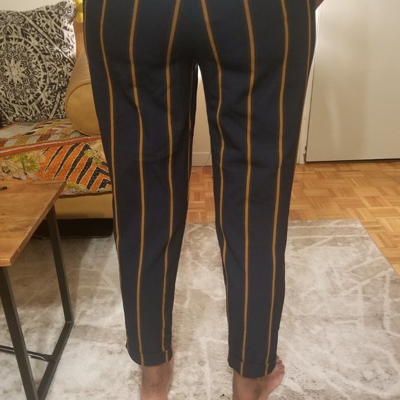 Zara Dark Navy Orange Striped Tie Waist Ankle Cropped Pant - Picture 4 of 4
